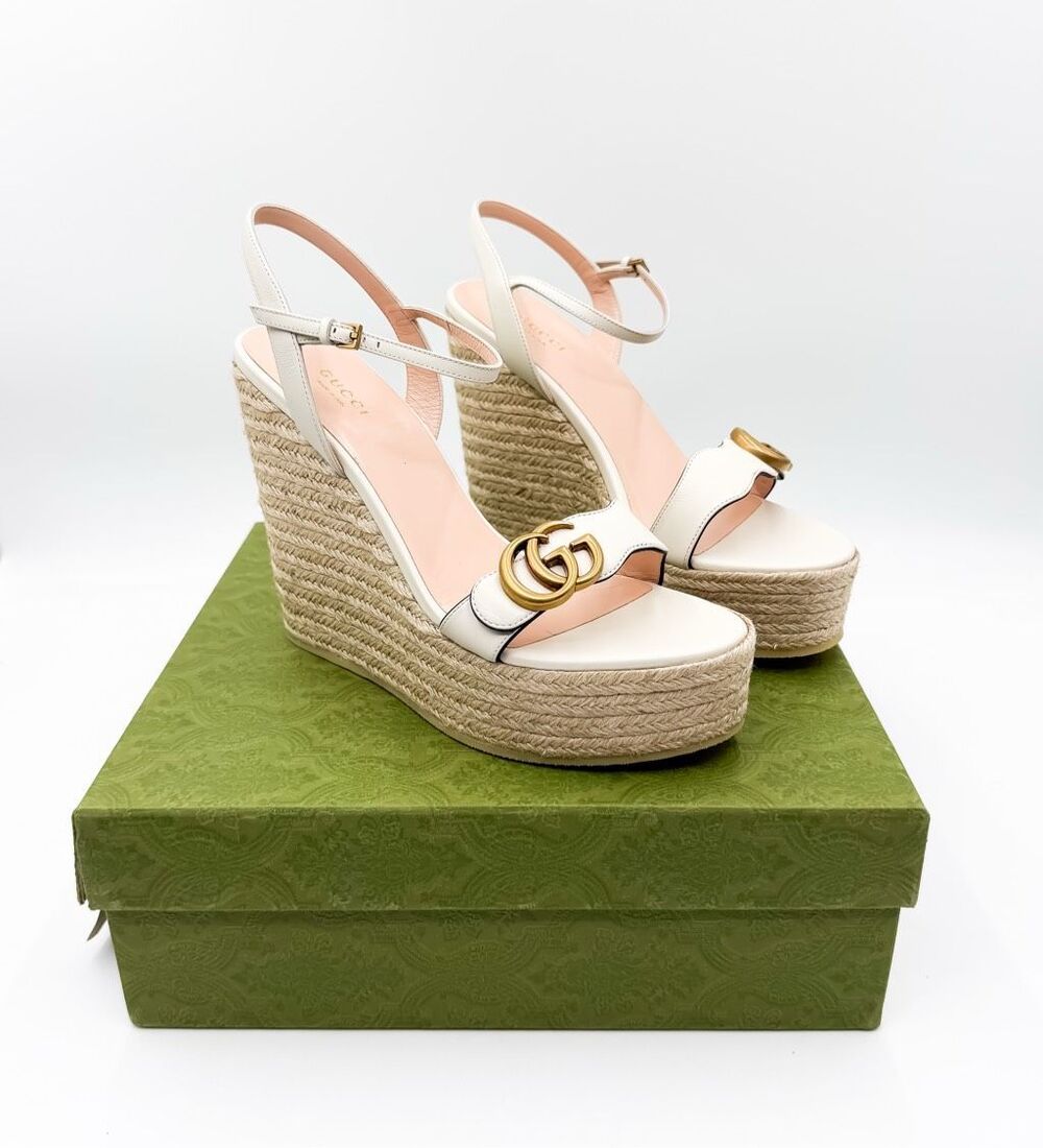 Gucci GG Aitana Lifford Logo Marmont Espadrille Platform Wedge Sandal New